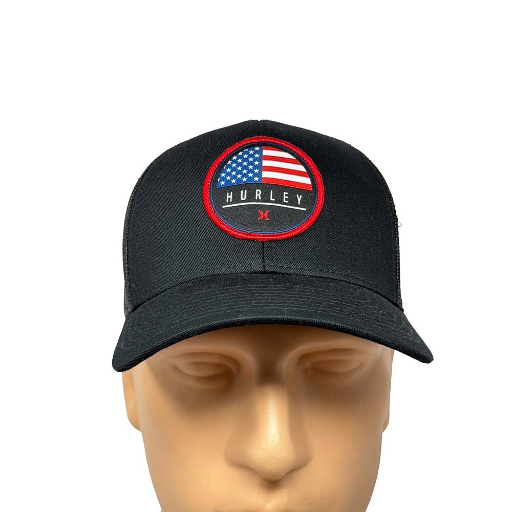 Hurley Men's Staple Destination Black Snapback Adjustable Hat w/USA Flag Patch